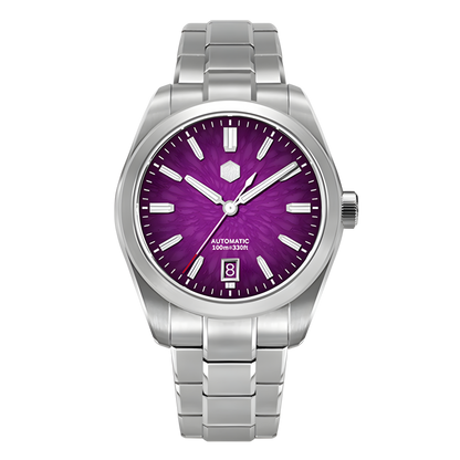 San Martin SN0144GS Dragon Scale Dial Automatic Watch featuring purple dragon scale textured dial, stainless steel bracelet, automatic watch front view
