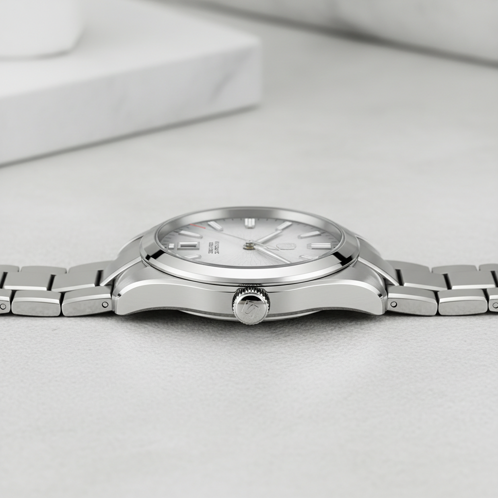 San Martin SN0144GS automatic watch side profile showing stainless steel case thickness and signed crown