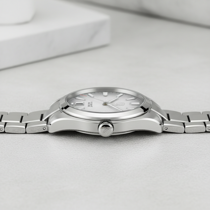 San Martin SN0144GS automatic watch side profile showing stainless steel case thickness and signed crown