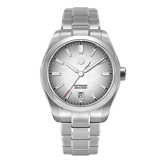 San Martin SN0144GS Dragon Scale Dial Automatic Watch with silver textured dial, stainless steel bracelet, automatic mechanical watch front view