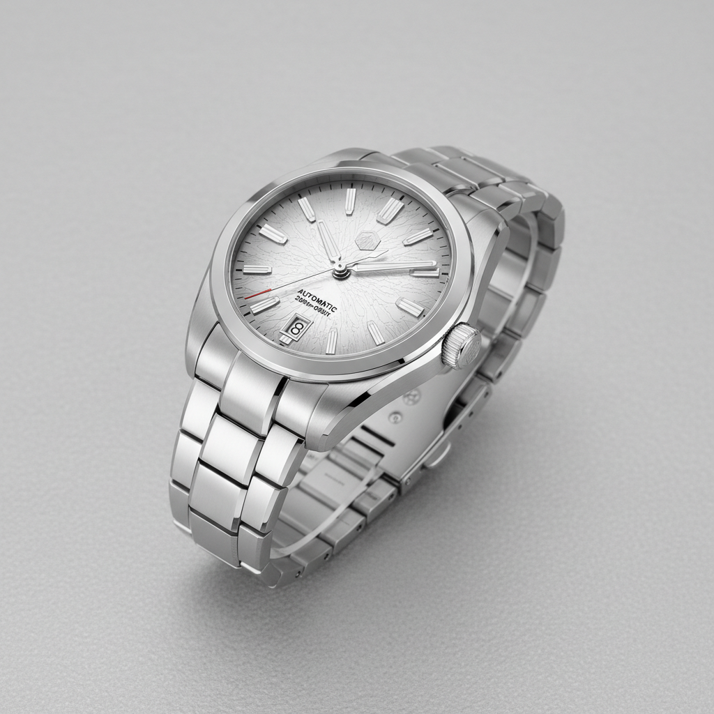 San Martin SN0144GS automatic watch three quarter angle highlighting dragon scale dial texture and polished steel case