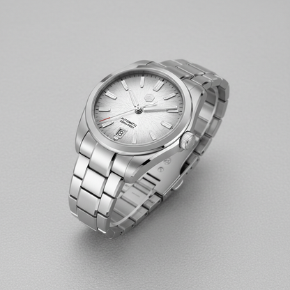 San Martin SN0144GS automatic watch three quarter angle highlighting dragon scale dial texture and polished steel case