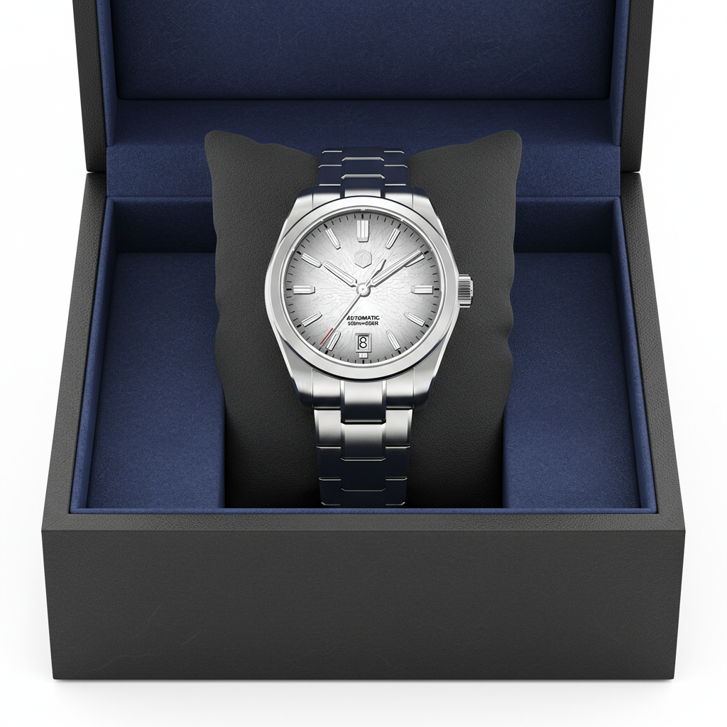 San Martin SN0144GS automatic watch presented in official box with stainless steel bracelet and silver dial