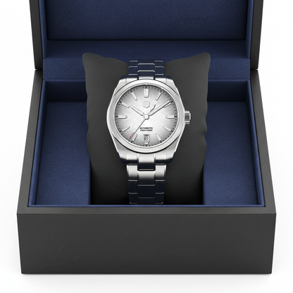 San Martin SN0144GS automatic watch presented in official box with stainless steel bracelet and silver dial