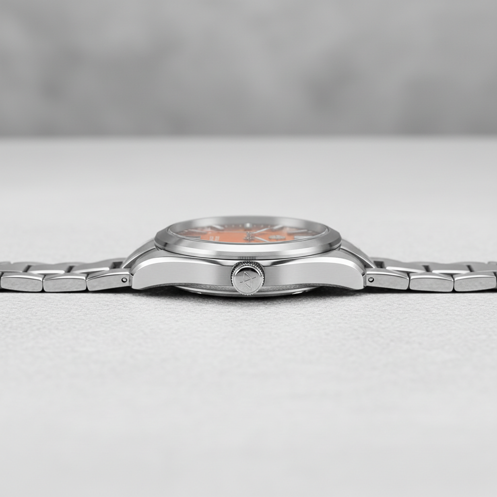 Silver wristwatch on a light gray background