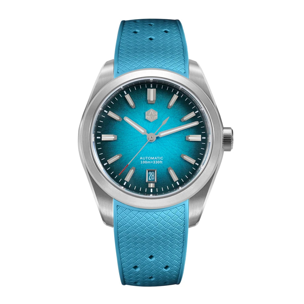 San Martin SN0144 Horizon men’s automatic watch with blue enamel dial, sapphire crystal, and silver-tone steel case.
