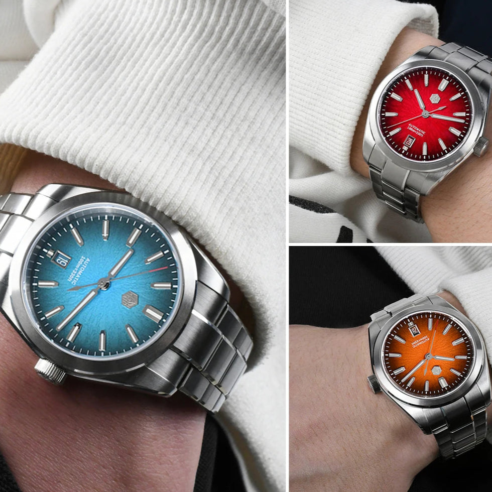  Collection of San Martin Horizon S N0144 men’s automatic watches featuring Ember, Azure, Orchid, and Eclipse dials.