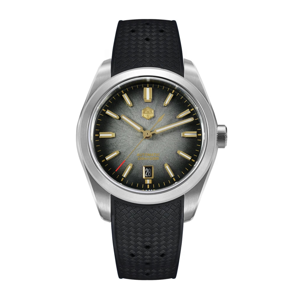 San Martin SN0144 Horizon men’s automatic watch featuring Eclipse gray dial with gold accents and black rubber strap.