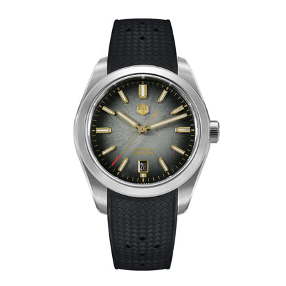 San Martin SN0144 Horizon men’s automatic watch featuring Eclipse gray dial with gold accents and black rubber strap.
