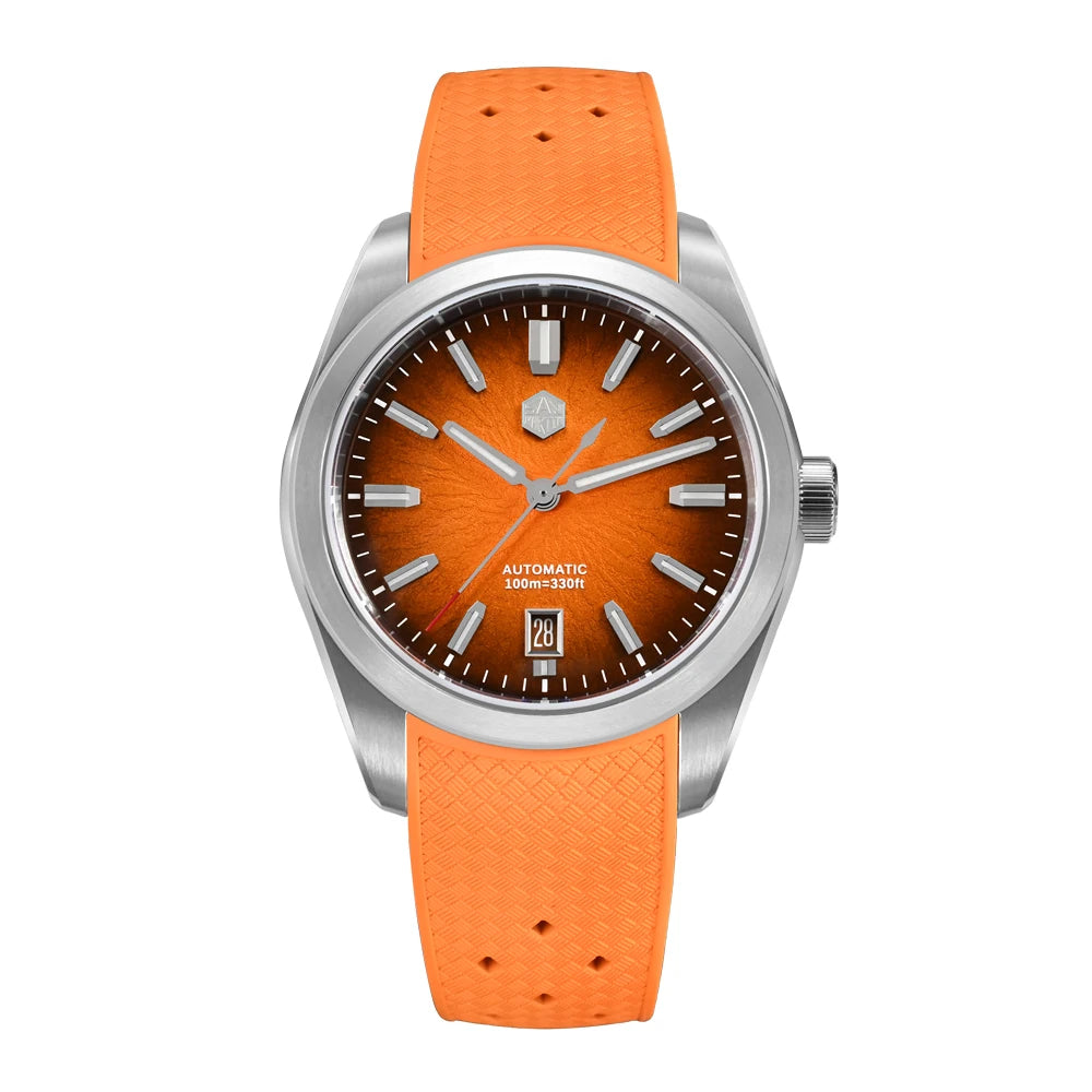 San Martin SN0144 Horizon men’s automatic watch with orange enamel dial and matching orange rubber strap.