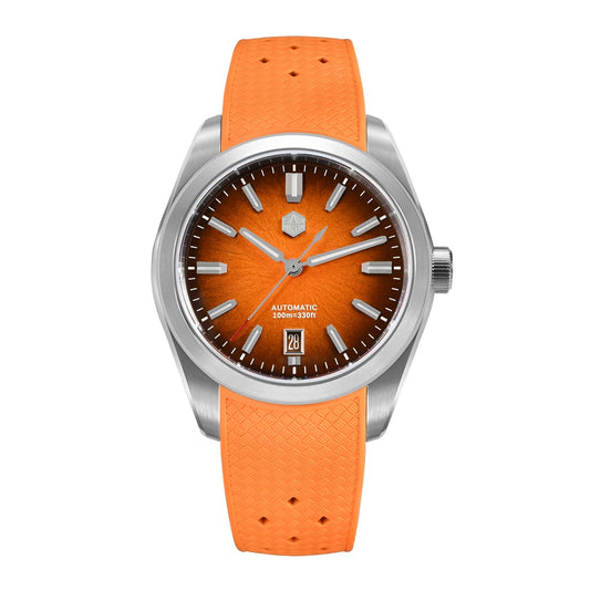 San Martin SN0144 Horizon men’s automatic watch with orange enamel dial and matching orange rubber strap.