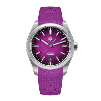 San Martin SN0144 Horizon men’s automatic watch showcasing vivid orchid purple enamel dial and textured rubber strap.