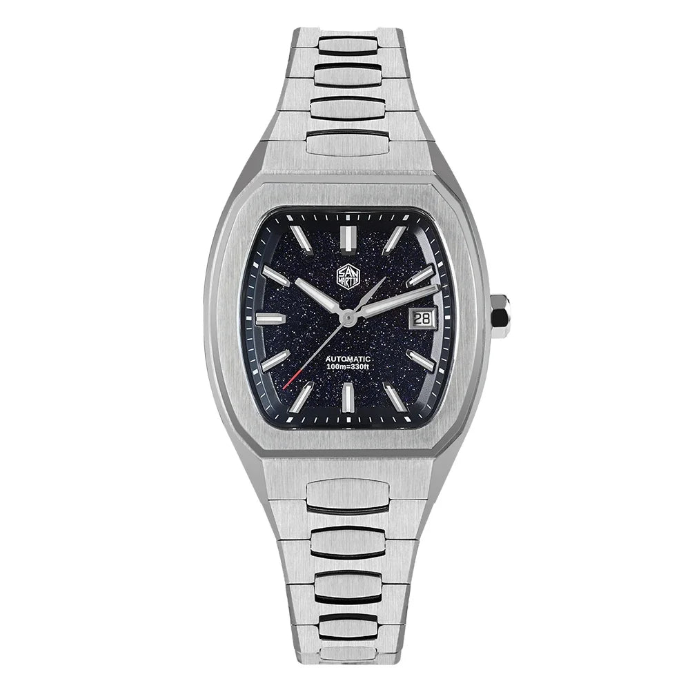 Front view of San Martin SN0145 Automatic Sapphire Watch with blue aventurine dial