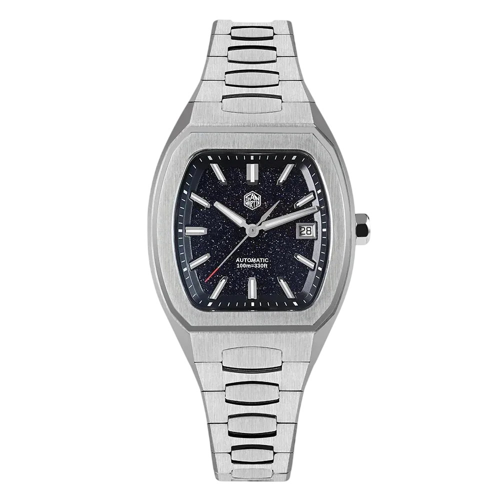 Front view of San Martin SN0145 Automatic Sapphire Watch with blue aventurine dial