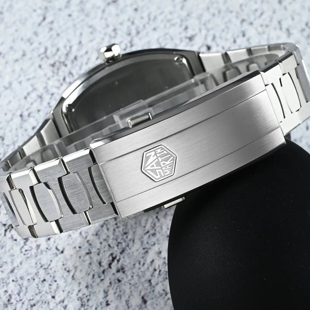 Stainless-steel clasp with San Martin engraved logo on SN0145 automatic watch