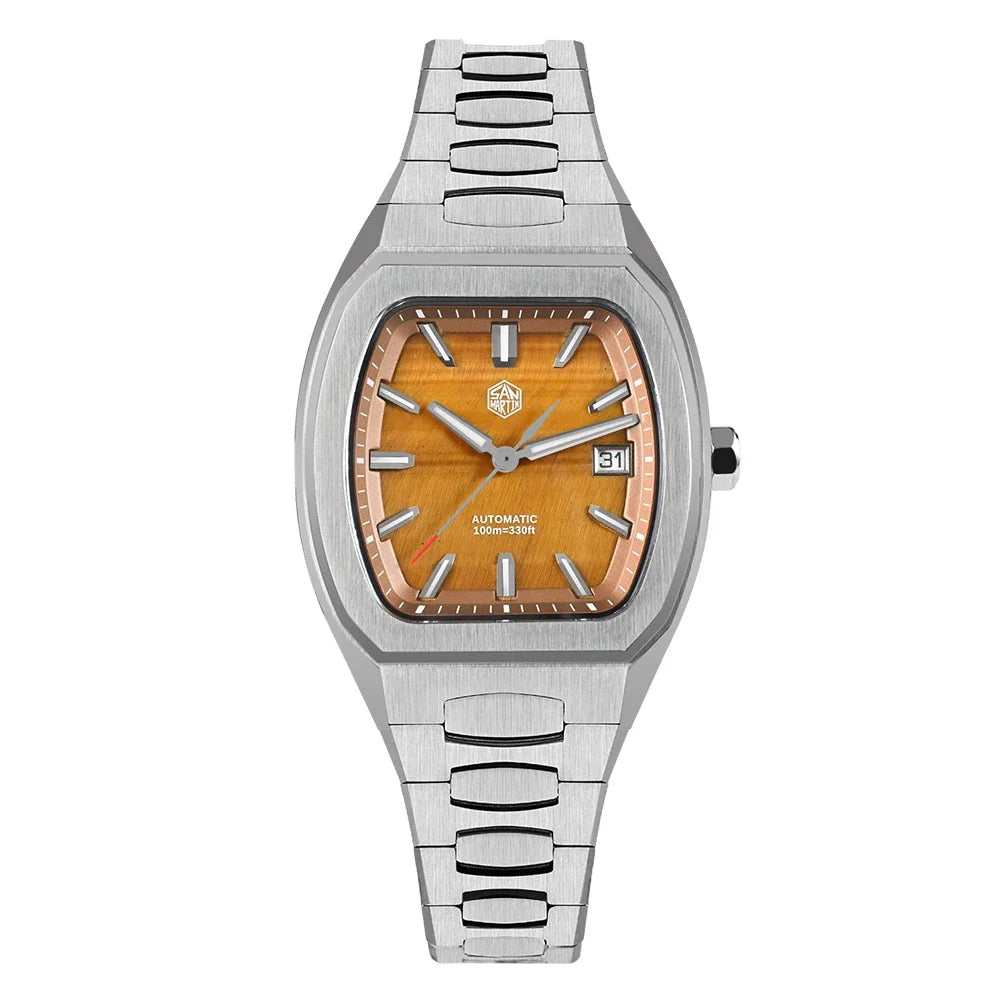San Martin SN0145 Automatic Sapphire Watch front view with tiger-eye dial