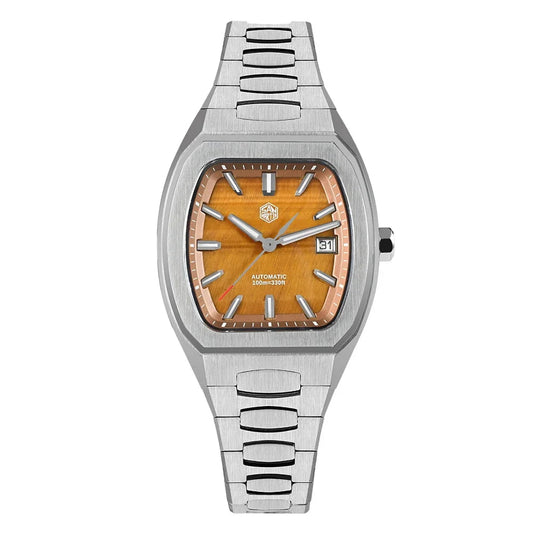 San Martin SN0145 Automatic Sapphire Watch front view with tiger-eye dial