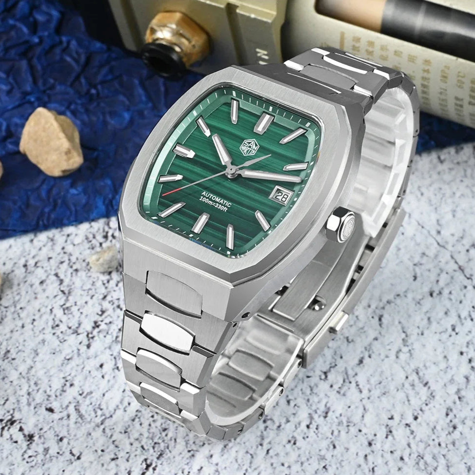 San Martin Automatic Watch with malachite green dial and sapphire crystal reflection