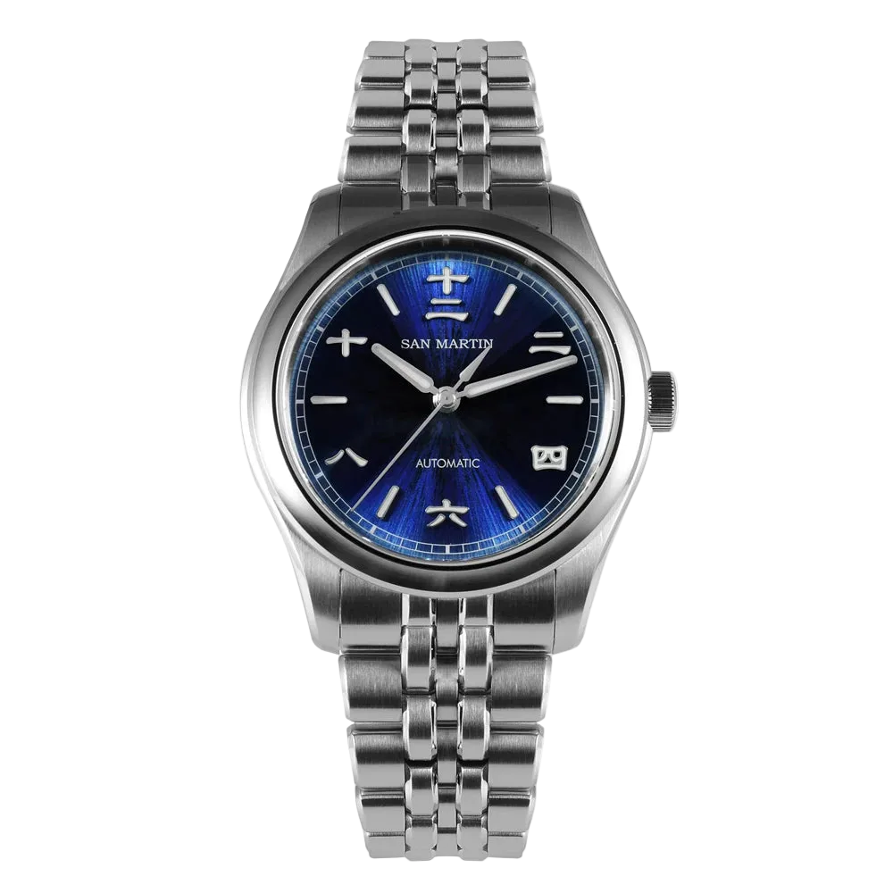 San Martin men’s watch Sunburst Elegance with blue JianZhan sunburst dial, sapphire crystal, and luminous hands.