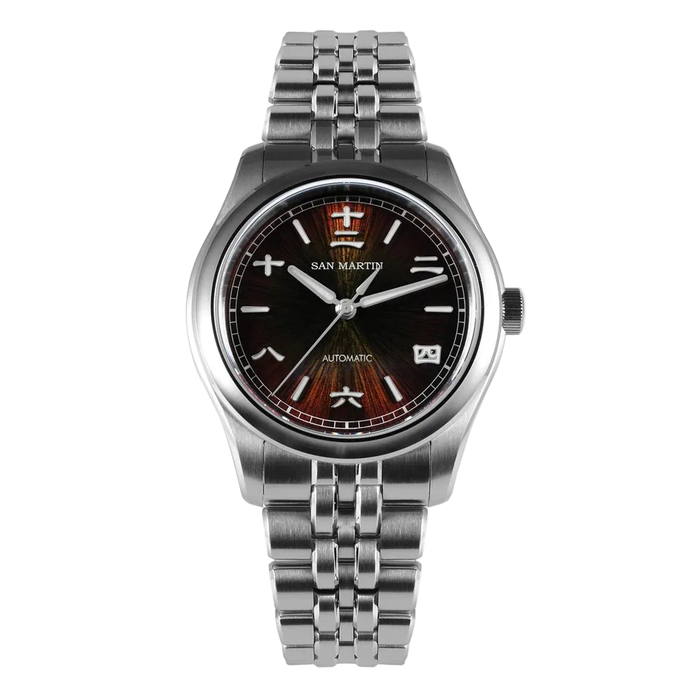 San Martin men’s watch Sunburst Elegance with brown JianZhan sunburst dial, stainless steel bracelet, and automatic Miyota 90S5 movement.