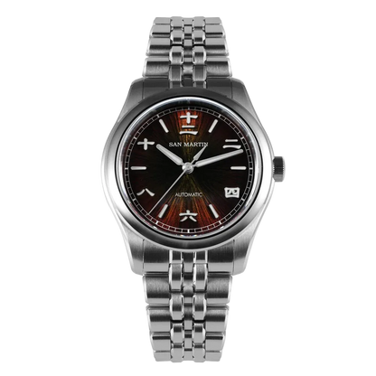 San Martin men’s watch Sunburst Elegance with brown JianZhan sunburst dial, stainless steel bracelet, and automatic Miyota 90S5 movement.