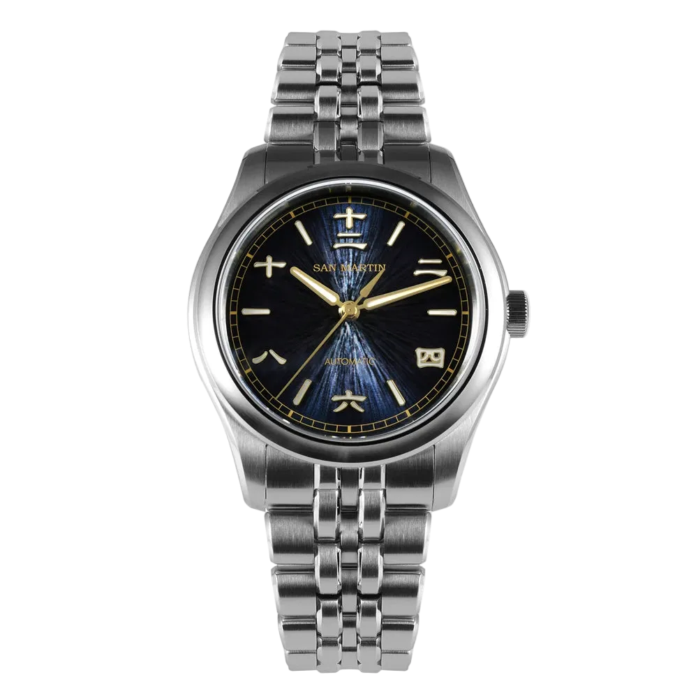 San Martin men’s watch Sunburst Elegance with grey blue JianZhan dial, stainless steel case, and 10Bar water resistance.