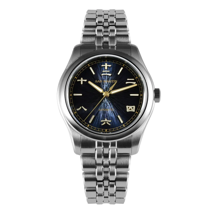 San Martin men’s watch Sunburst Elegance with grey blue JianZhan dial, stainless steel case, and 10Bar water resistance.