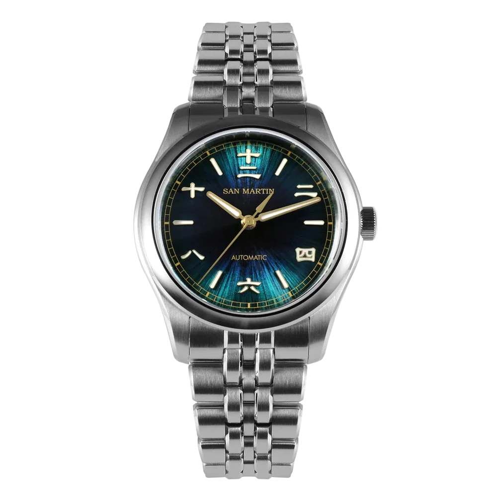 San Martin men’s watch Sunburst Elegance with navy blue sunburst dial, 39mm case, and luxury stainless steel bracelet.