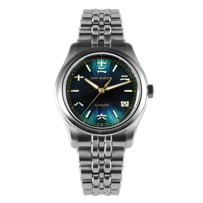 San Martin men’s watch Sunburst Elegance with navy blue sunburst dial, 39mm case, and luxury stainless steel bracelet.