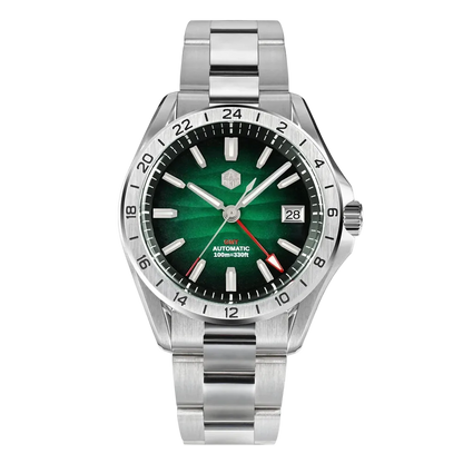 San Martin Desert GMT men’s watch with gradient green dial, stainless steel case, luminous hands, automatic GMT 100M