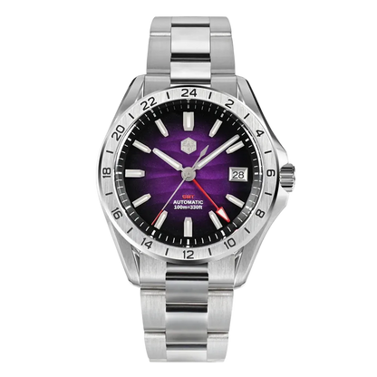 San Martin Desert GMT watch with gradient purple dial, NH34 automatic movement, sapphire crystal, 100M water resistant