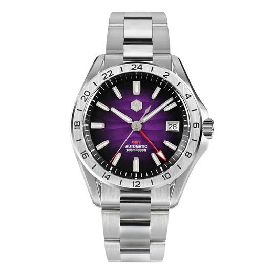 San Martin Desert GMT watch with gradient purple dial, NH34 automatic movement, sapphire crystal, 100M water resistant