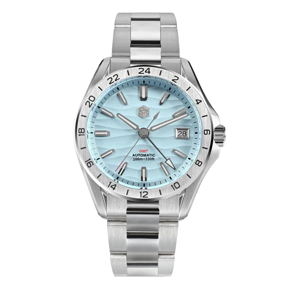San Martin Desert GMT Ice Blue dial watch, men’s automatic GMT with stainless steel bracelet, luminous sapphire crystal
