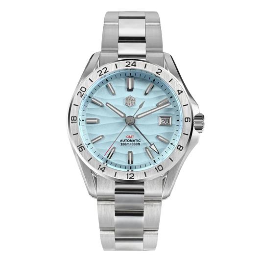 San Martin Desert GMT Ice Blue dial watch, men’s automatic GMT with stainless steel bracelet, luminous sapphire crystal