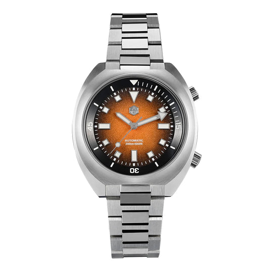 San Martin Veyronis automatic watch with vibrant orange sunburst dial and stainless steel bracelet