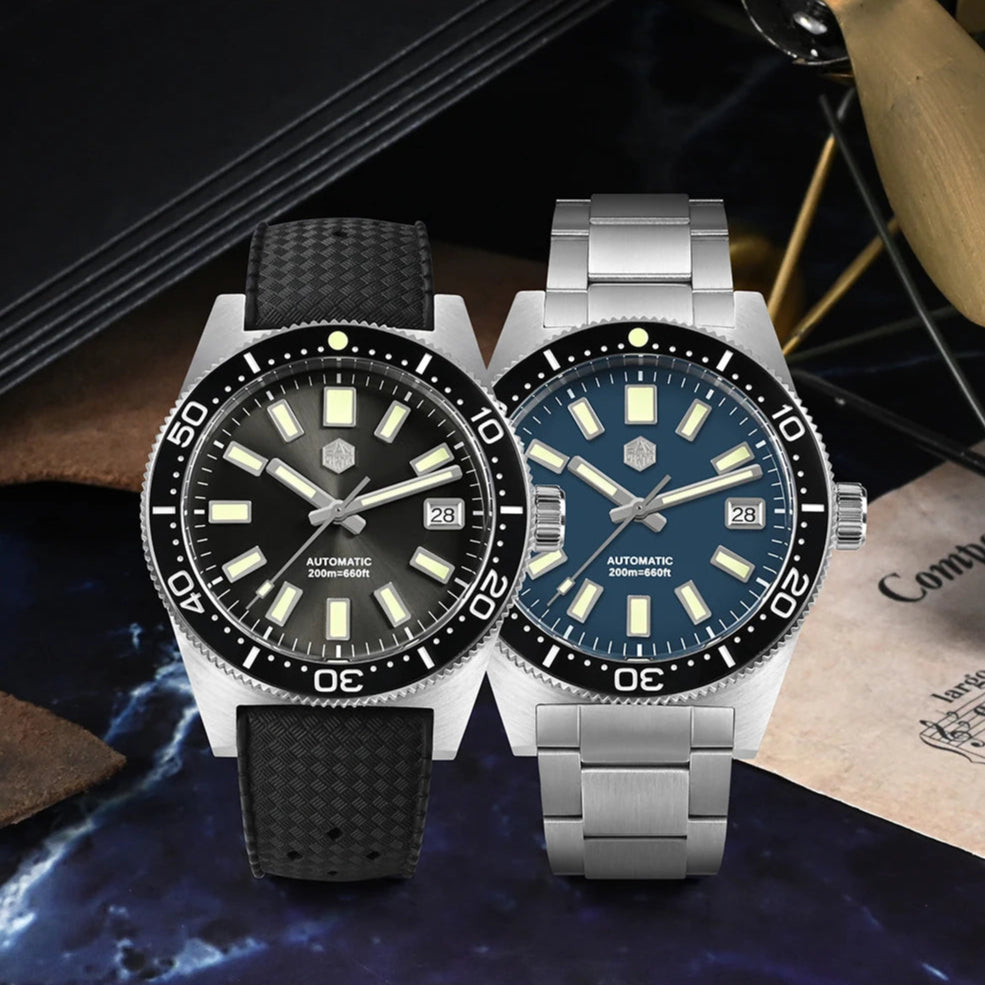 San Martin watches 62MAS Diver black dial and blue dial automatic NH35 men’s diver watches 200m waterproof rubber strap and steel bracelet