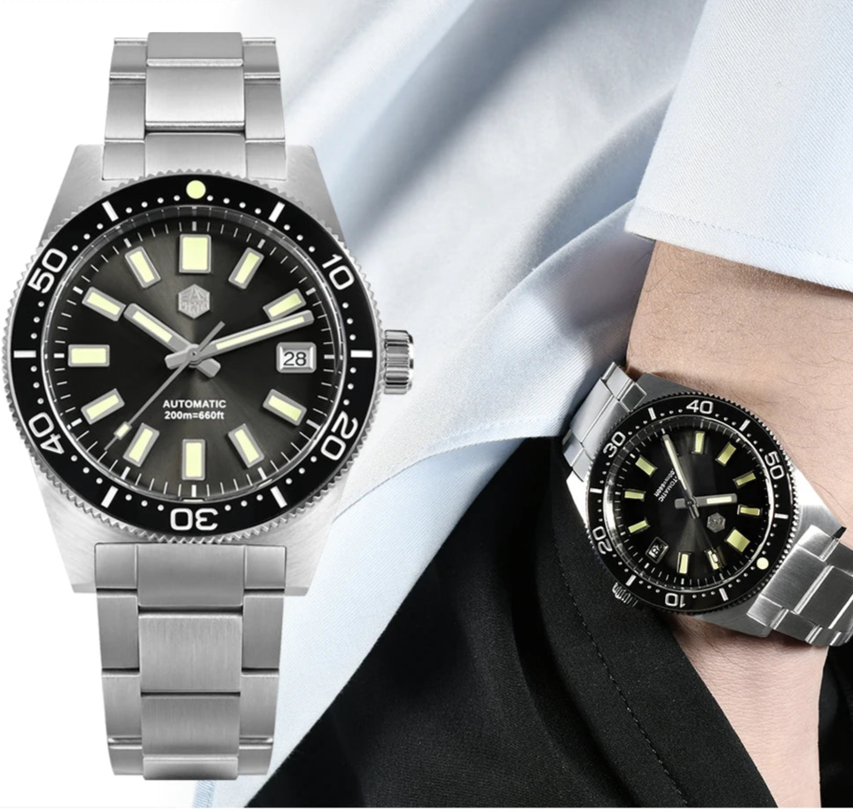 San Martin watches 62MAS Diver black sunburst dial automatic men’s diver watch stainless steel bracelet 200m waterproof lifestyle photo