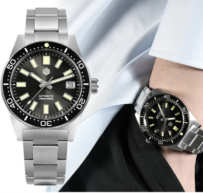 San Martin watches 62MAS Diver black sunburst dial automatic men’s diver watch stainless steel bracelet 200m waterproof lifestyle photo