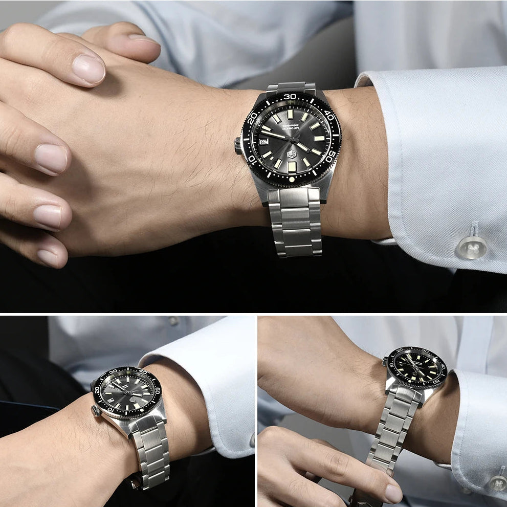 San Martin watches 62MAS Diver black dial NH35 automatic wristshot men’s diver watch stainless steel bracelet 200m waterproof