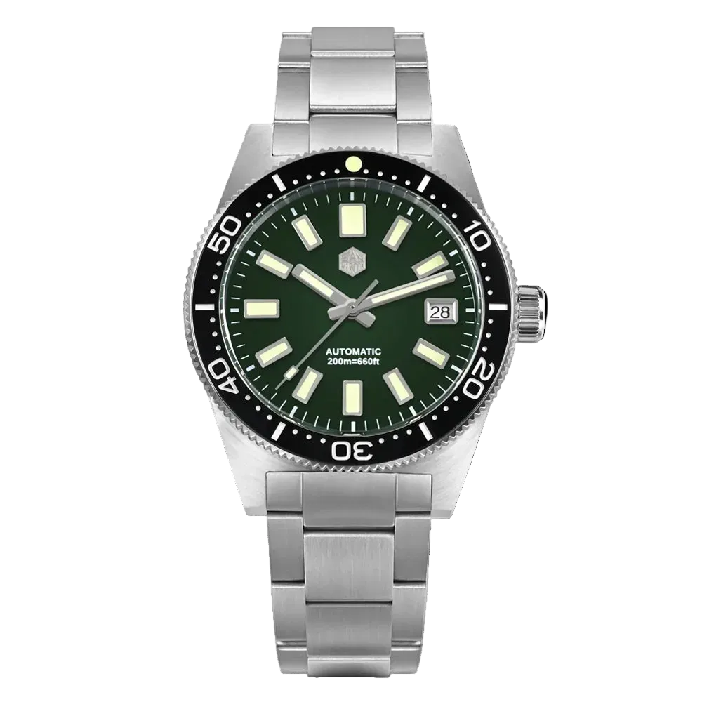 San Martin watches 62MAS Heritage Diver green dial men’s automatic diver watch 200m sapphire luminous stainless steel bracelet