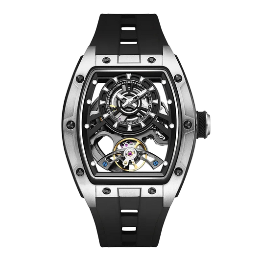 BREITVACHER 91986 - Autom - front view, skeleton dial, black strap, silver case
