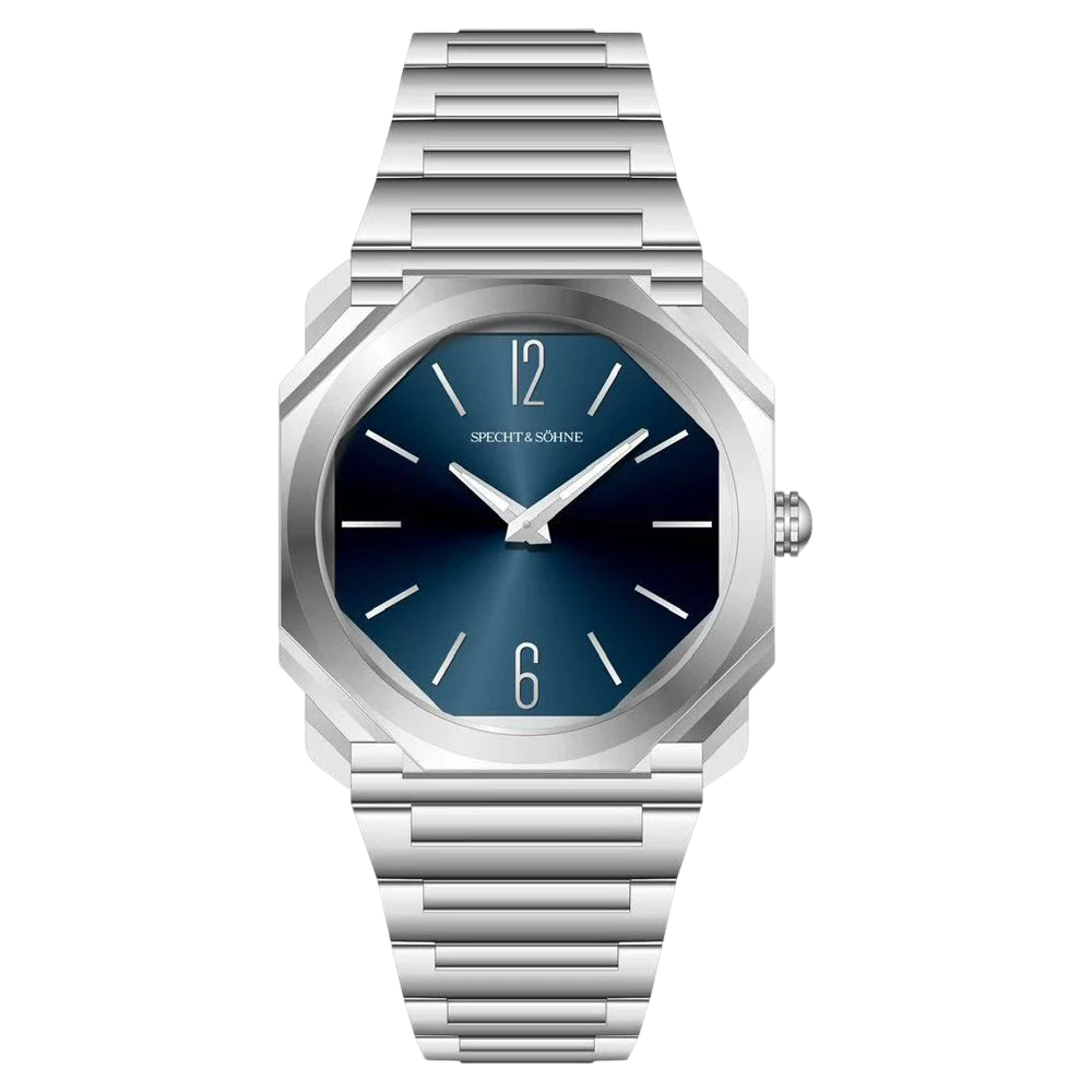 Silver watch with a blue dial on a white background