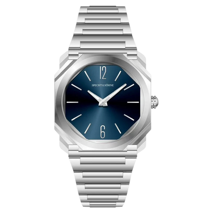 Silver watch with a blue dial on a white background