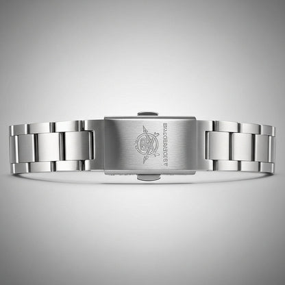 Silver watch band with brand logo on a gray background
