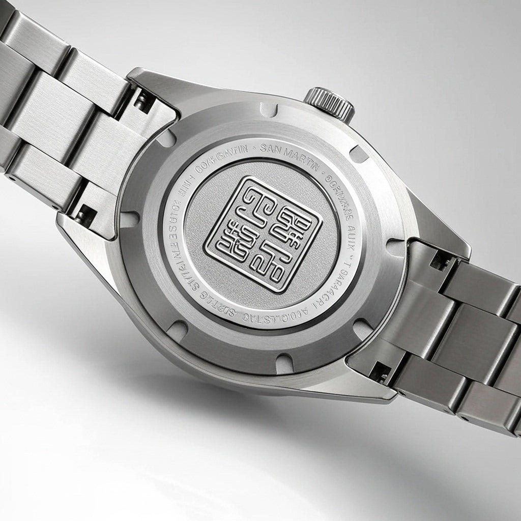 Close-up of a silver watch with brand logo on a light gray background