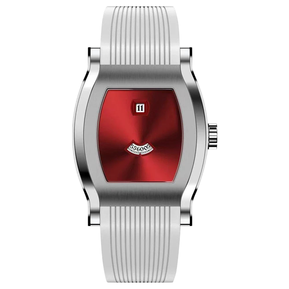 Silver watch with a red face on a white background