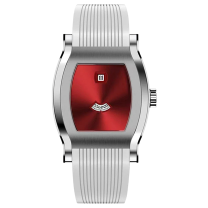 Silver watch with a red face on a white background