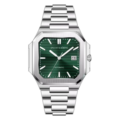 Silver watch with green dial on a white background