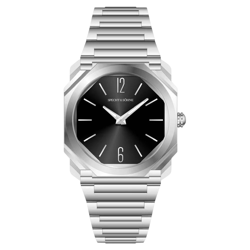 Silver watch with black dial on a white background