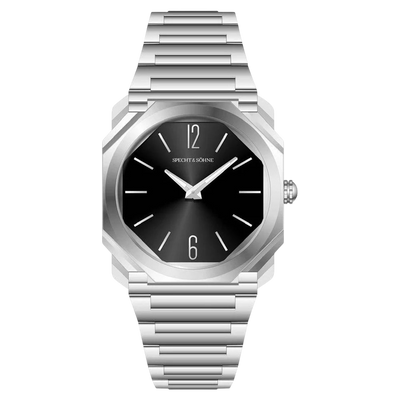 Silver watch with black dial on a white background